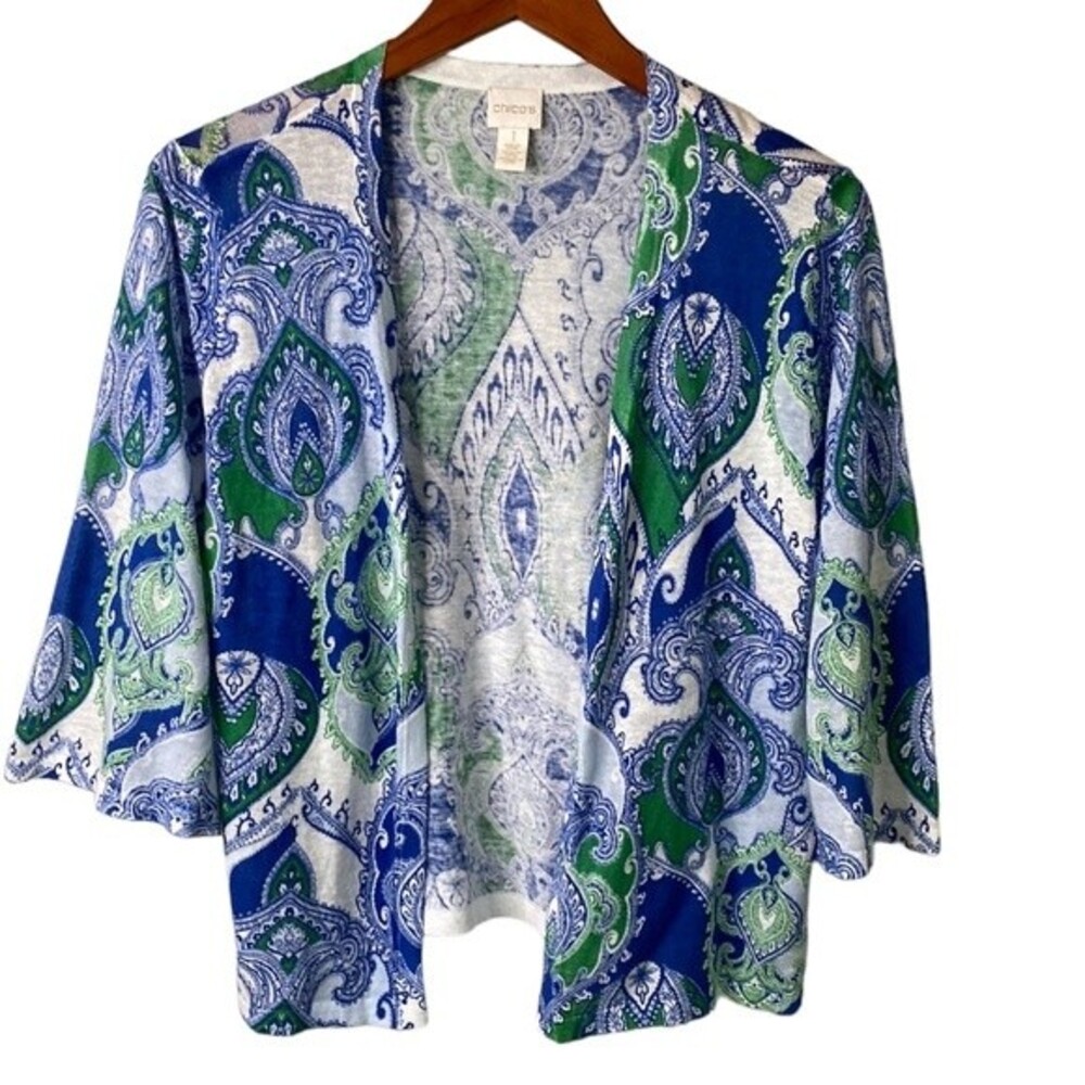 Chico's Cool Paisley Linen Cotton Open Front Cardigan Drape Flare 3/4 Sleeve